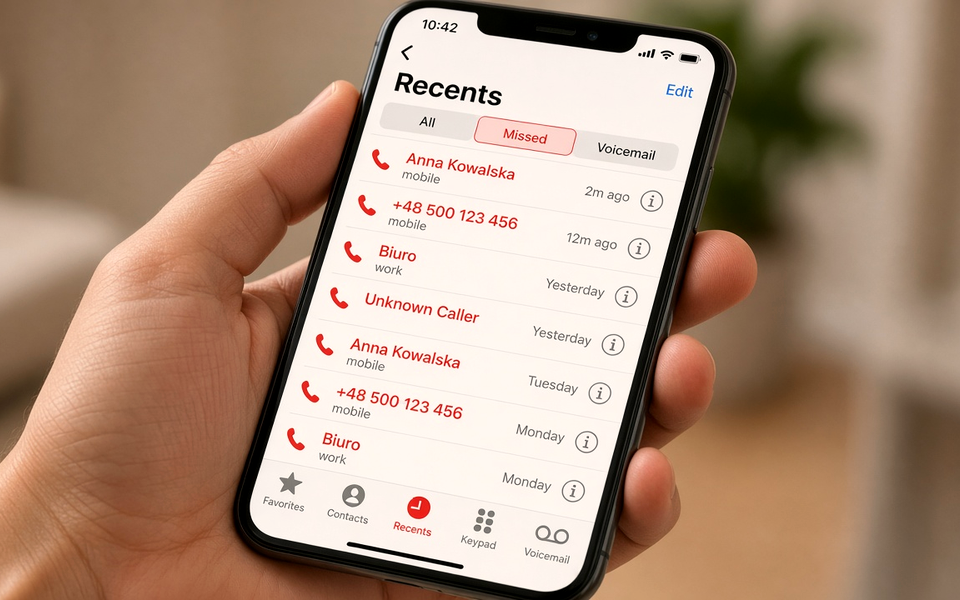 iPhone z listą nieodebranych połączeń